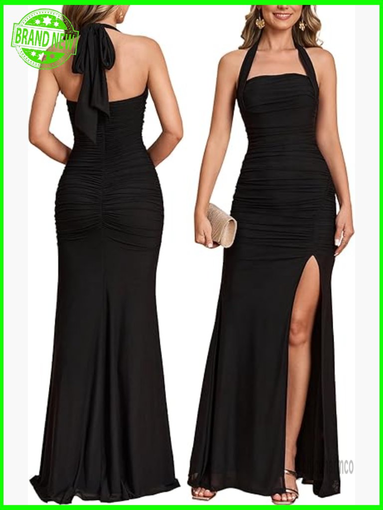 Bodycon Maxi Dress Halter Tie Ruched High Slit Formal Cocktail Wedding Guest